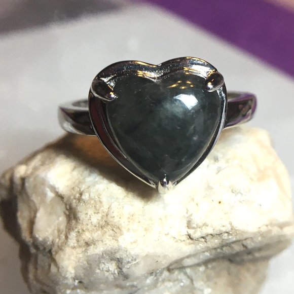 Burmese Black Jade Heart Ring .925 Type A RARE Sterling Silver - Picture 13 of 16